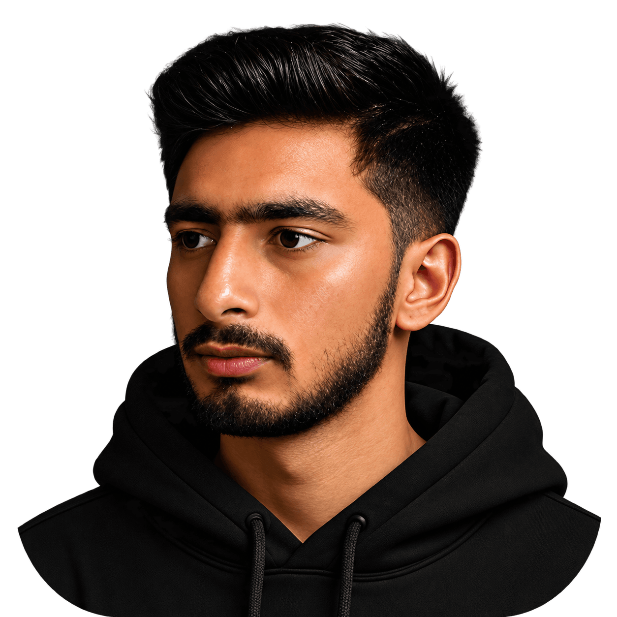 Halftone portrait of Husnain Maroof in a black hoodie, looking to the side